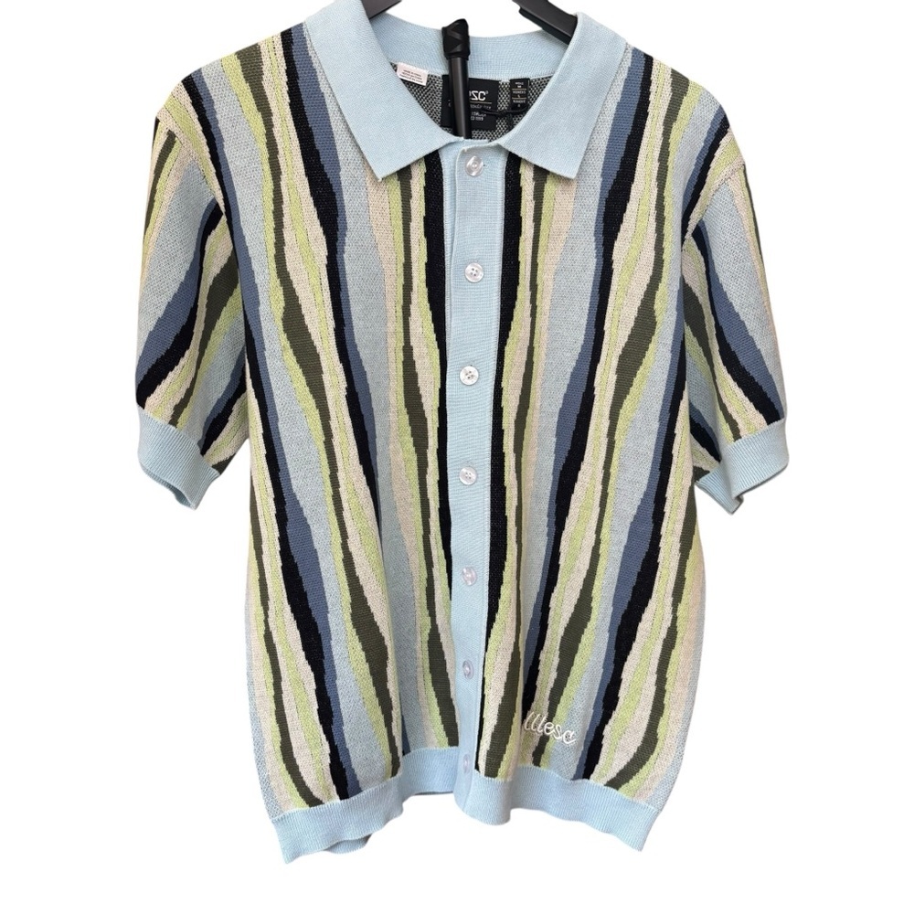 WESC Collar Polo Button Front Blue/Green Ripple Sky Pattern Men's M Women L NWT - Picture 2 of 10